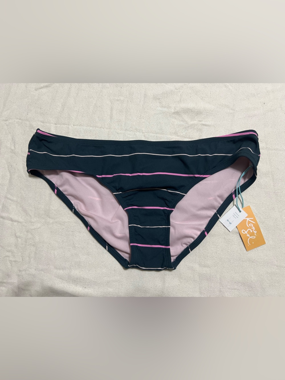 Kona Sol Bikini Bottom Womens L 12-14 Black Pink Stripe High Cut Cheeky Swim NWT